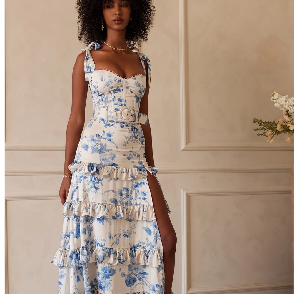 V. Chapman Ivory and Blue Floral Maxi Dress